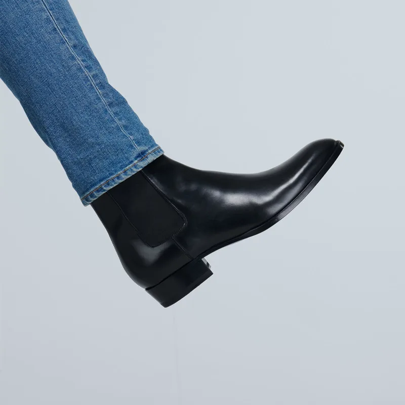 Men Chelsea Boots Handmade Cowhide Black Fashion Business Casual Classic Mid-heel men chelsea boots