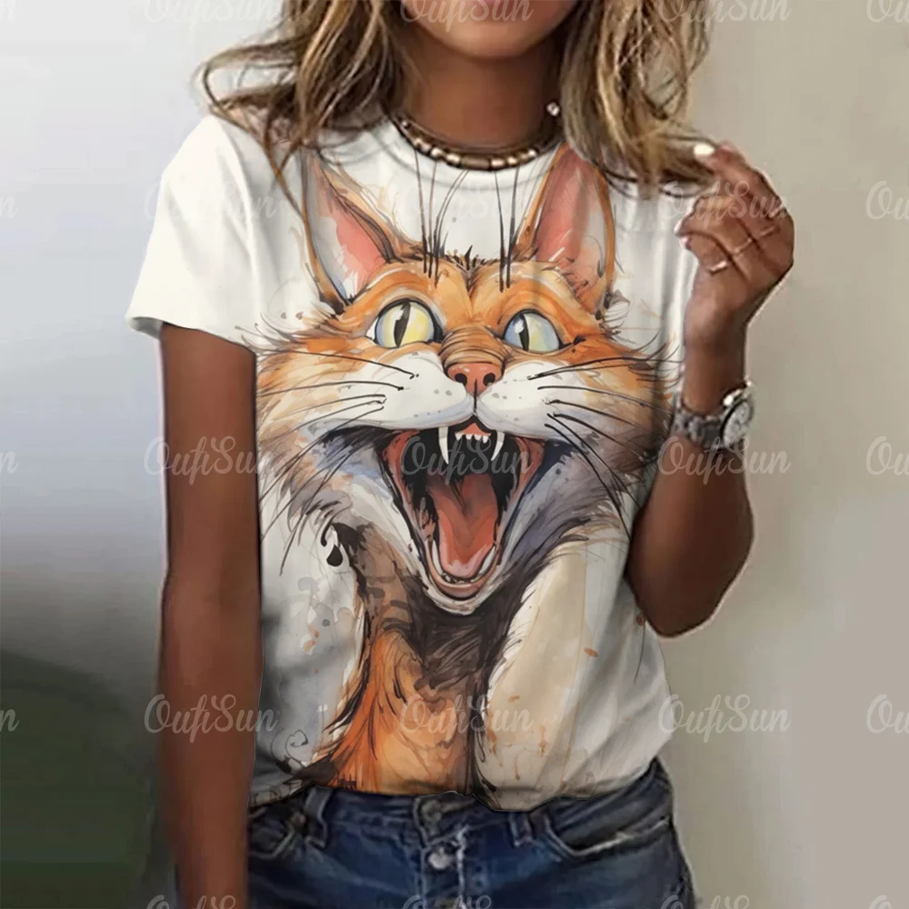 

Cartoon Cat Print T-shirt For Women Harajuku Ladies Clothing O-neck Hand-painted Pullover Tops Loose Summer Short Sleeve Tees