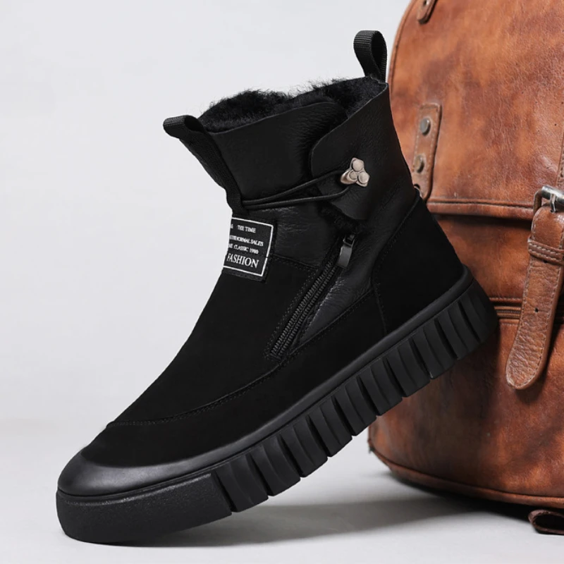 

Winter High-top Snow Boots Men Genuine Leather Warm Wool Boots Plush Zip Rivet Designer Men Short Plush Shoes Black