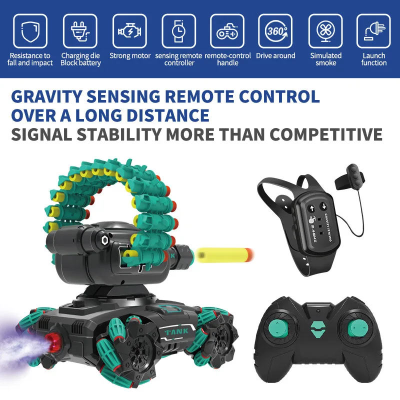 2.4g Radio Remote Control Tank Four-wheel Drive Tracked Soft Bullet Shooting Toy Control Car Tank Control Gesture Multiplayer 2