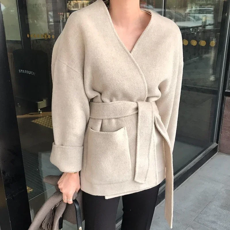 2023 Autumn Winter New Minimalist Elegant Thick Warm Woolen Coat Korea Style Plus Size Blends Wool Coats Feminino Lazy Overcoat wool sweater women s hooded pullover hoodie loose dtriped lace up sweater autumn and winter lazy wind bottoming cashmere hoodie