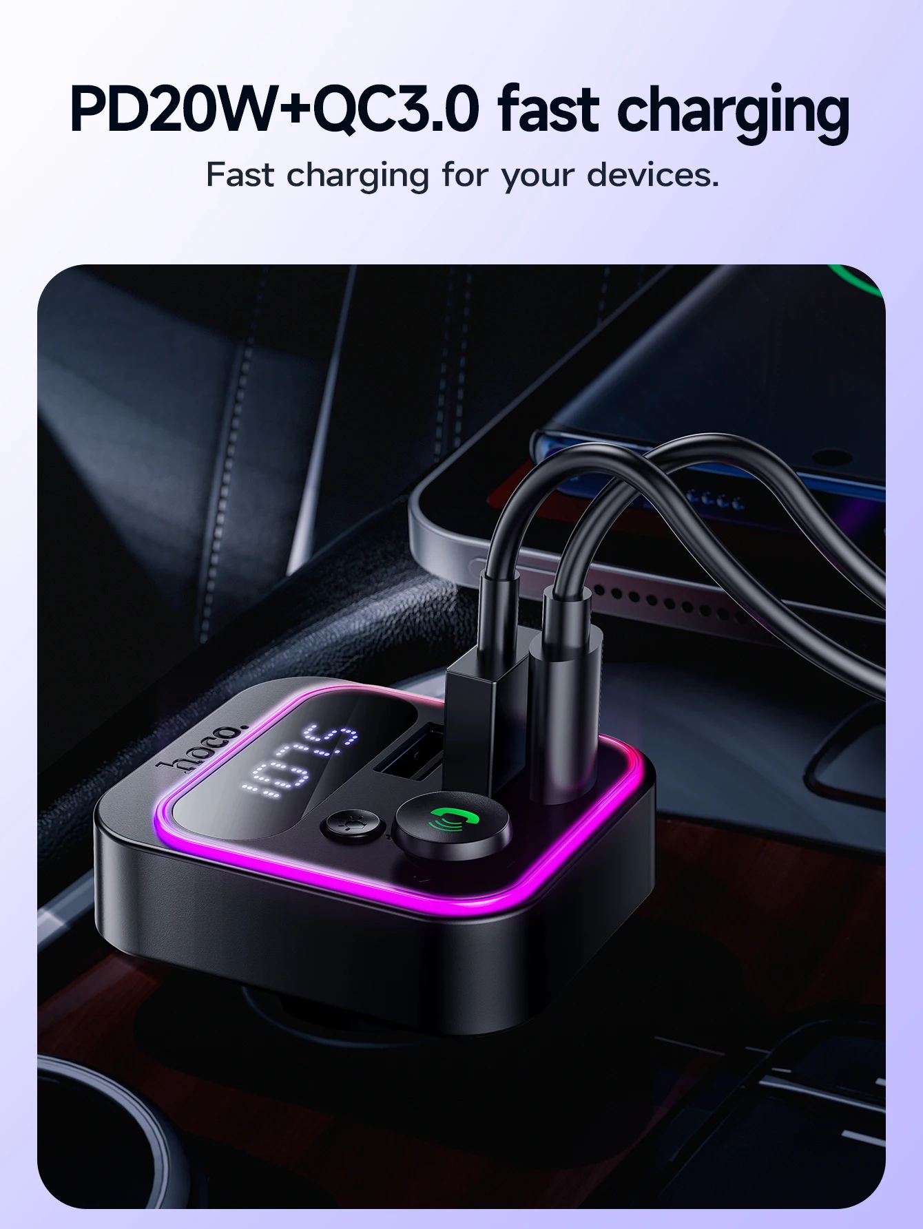 HOCO E85 20W Bluetooth 5.4 Car FM Transmitter with PD20W & QC3.0