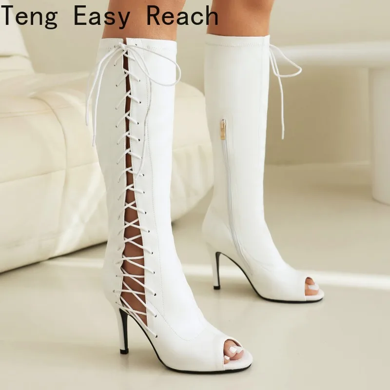 Sexy Black Women's Knee-high Lace-up Lacquered Leather Boots Thin Heels Stylish Summer Plus Size Women's Shoes Zapatillas Mujer