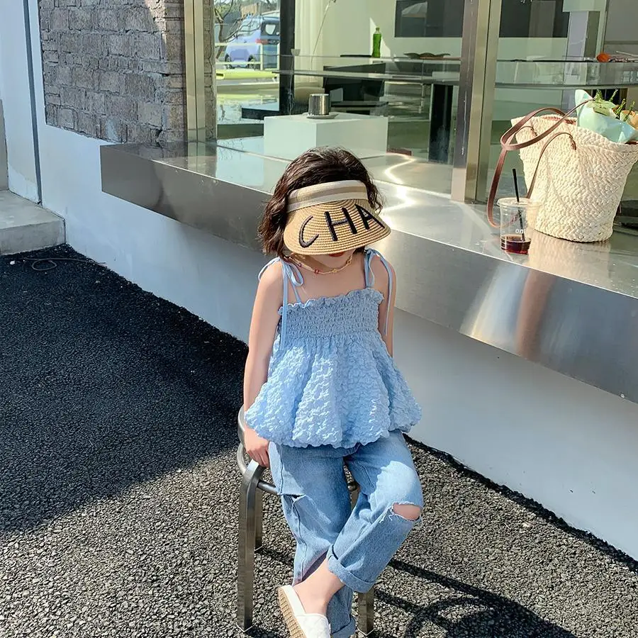 

Girls' Suit Summer 2022 New Fashionable Korean Style Puffy Small Sling Baby Thin Jeans Two-Piece Set