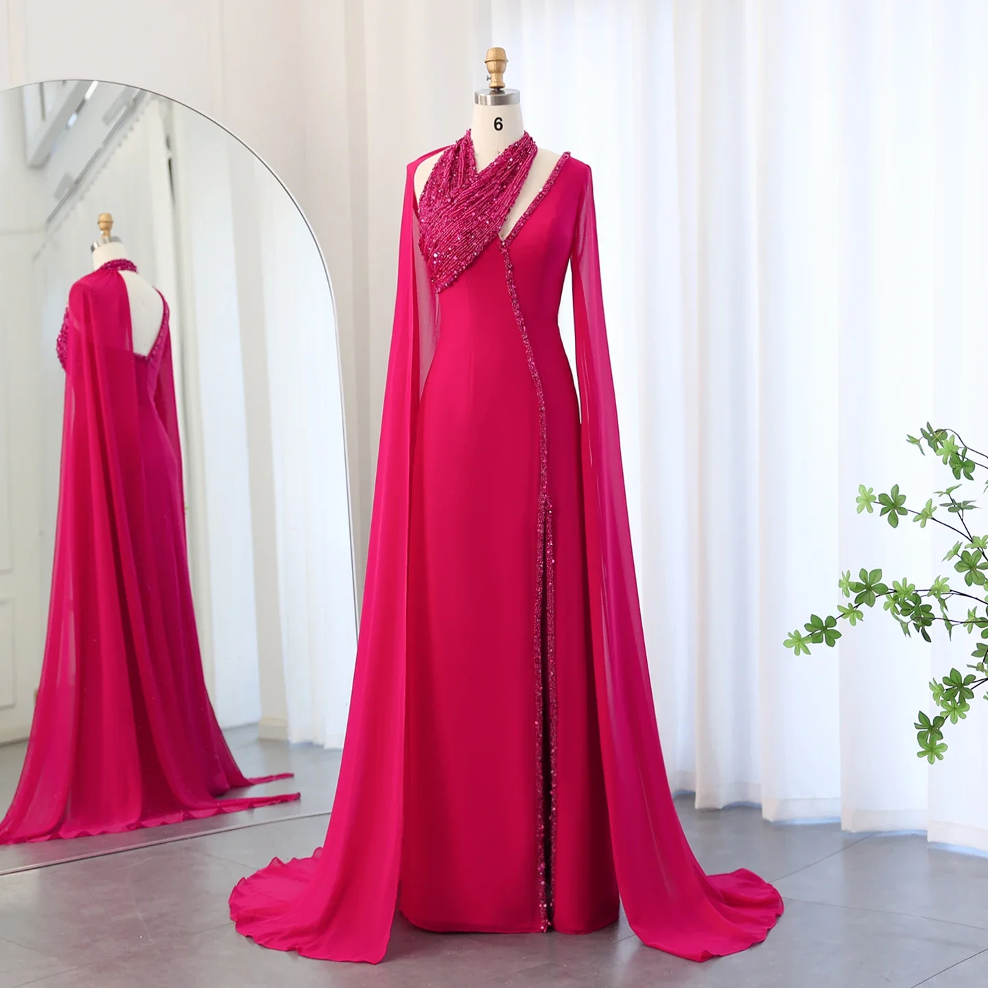 Beaded Turquoise Green Chiffon Evening Dress with Cape Sleeves Arabic Women Wedding Party Dresses SS474