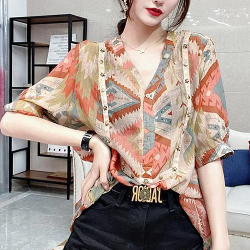 Elegant Fashion Vintage V-neck All-match Blouses Fashion Printing Diamonds Sling with Free Shipping Two Piece Set Korean Top2023 free shipping 10pcs blank sublimation round metal plate ​​diy printing sublimation ink transfer paper