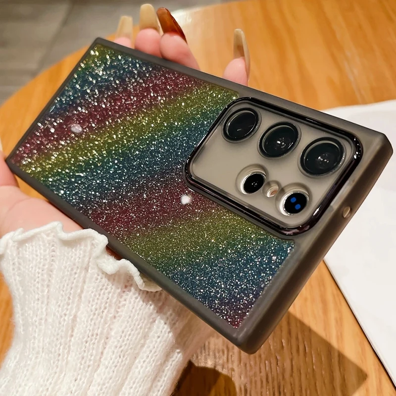 Clear Glitter Rainbow Phone Case With Lens Protector For Samsung_voghion.com