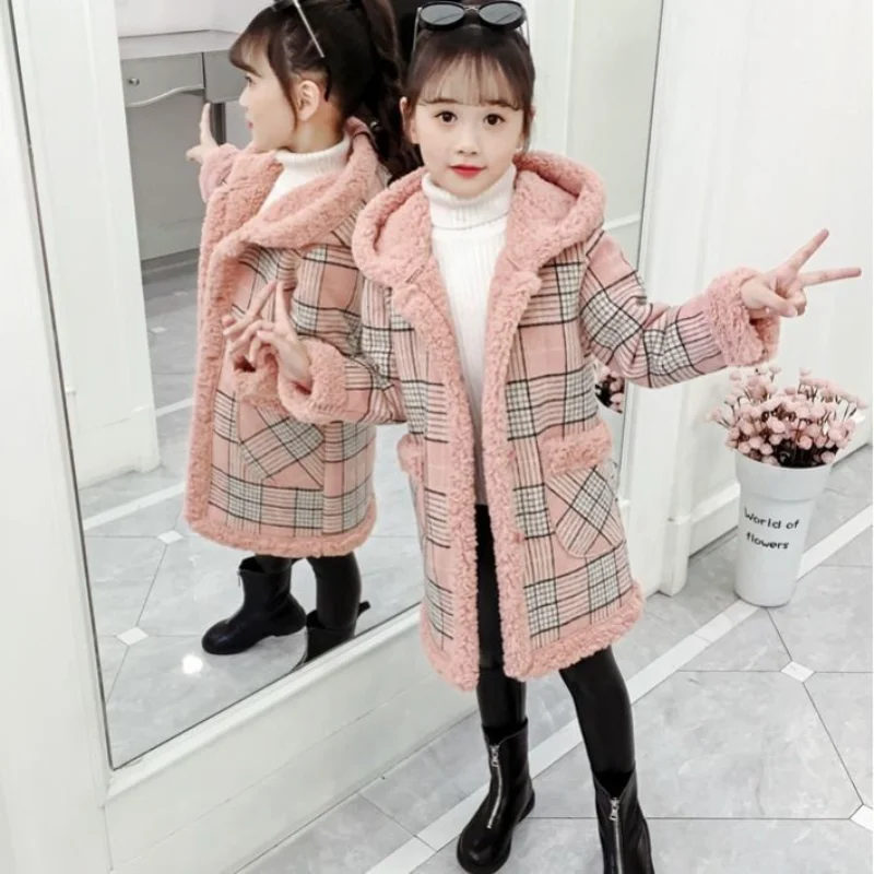 

Kids Girl Overcoat Winter New Fashion Plaid Wool Coat for Girls Teens Autumn Jacket Warm Outerwear Children's Windproof E586