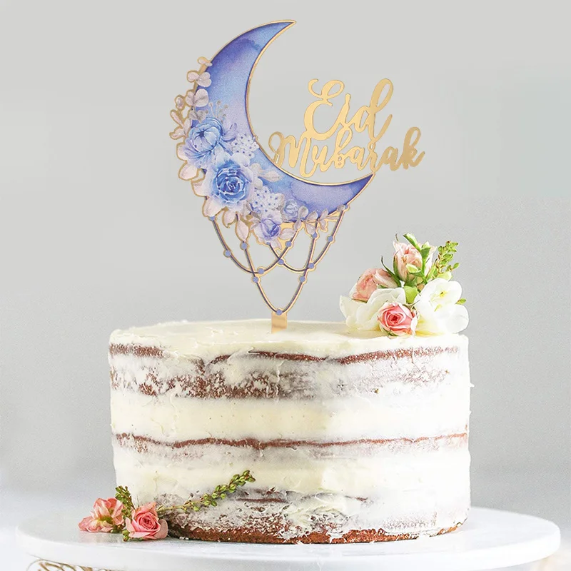 Eid Mubarak Acrylic Cake Topper Moon Flower Cake DIY Decoration Islamic Muslim Festival Party Supplies Eid Ramadan Gift Party Decorations Cake Toppers