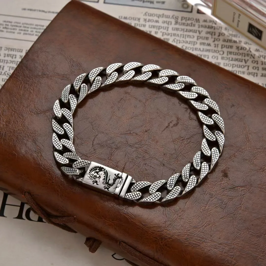 

Wholesale S925 Sterling Silver Tenglong Pattern Cuban Bracelet Men's Handmade Craft Fashion Light Luxury and Dominant