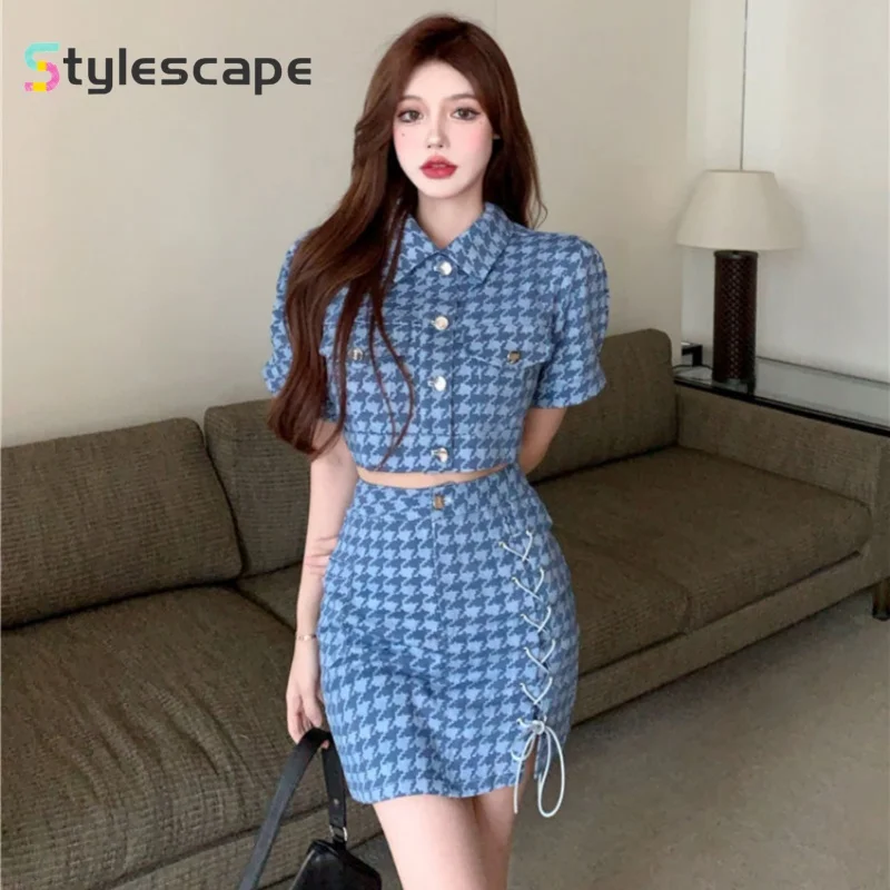 

Oversized Age Reducing Set Summer Sweet Cool Spicy Girl Style Thousand Bird Checker Short Top Half Skirt Two Piece Set for Woman