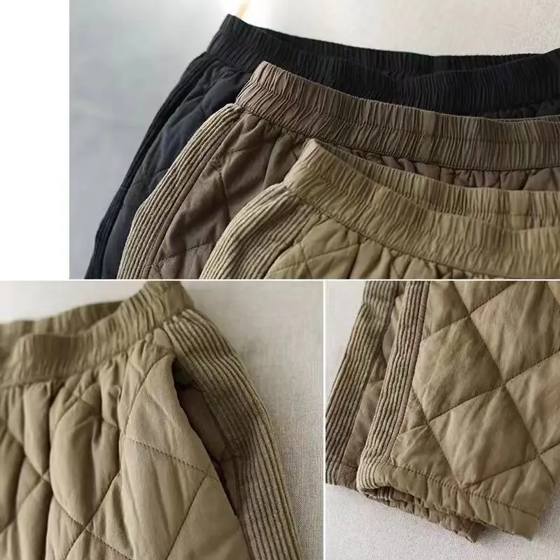 2023 Winter New Korean Fashion Solid Color Diamond Grid Spliced Velvet Elastic Waist Warm Clip Cotton Pants for Women