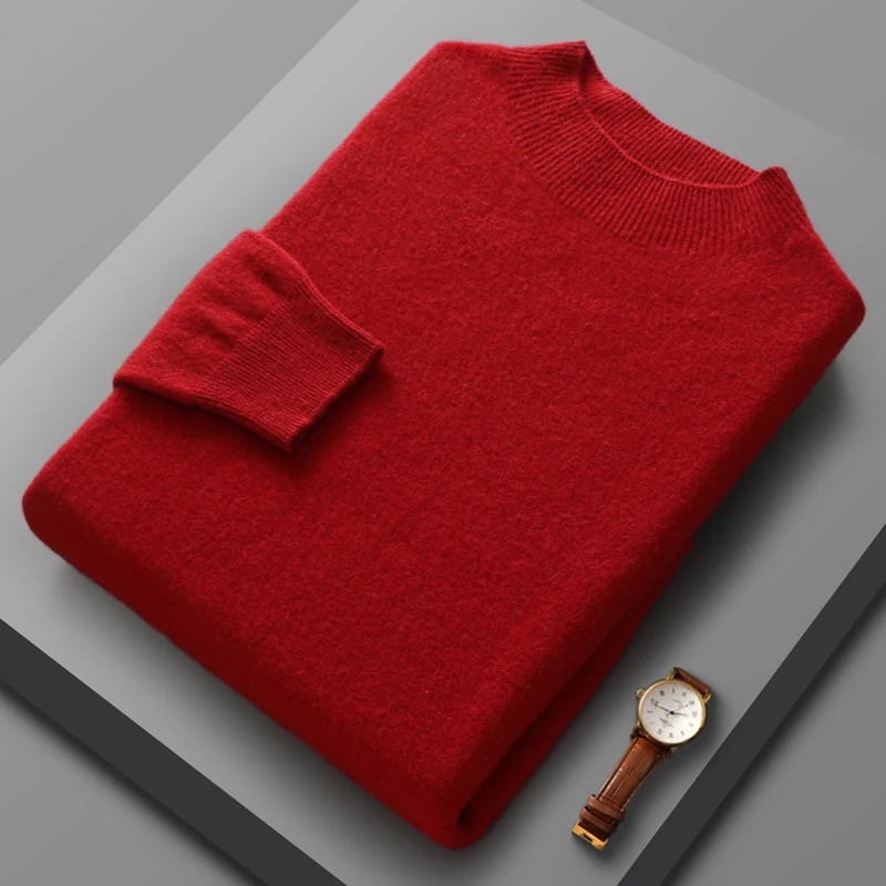 100% pure wool men's simple semi-turtleneck, solid color, long sleeves, warm and loose autumn and winter new cashmere sweater