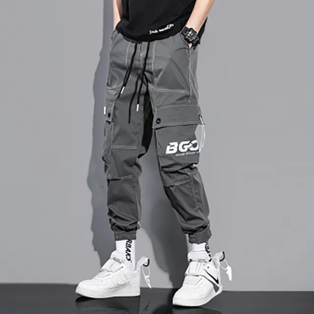 New Black Cargo Pants Hip Hop Joggers Men Loose Harem Pants Multi-pocket Ribbon Trousers Casual Streetwear Sport Pants for Men gray