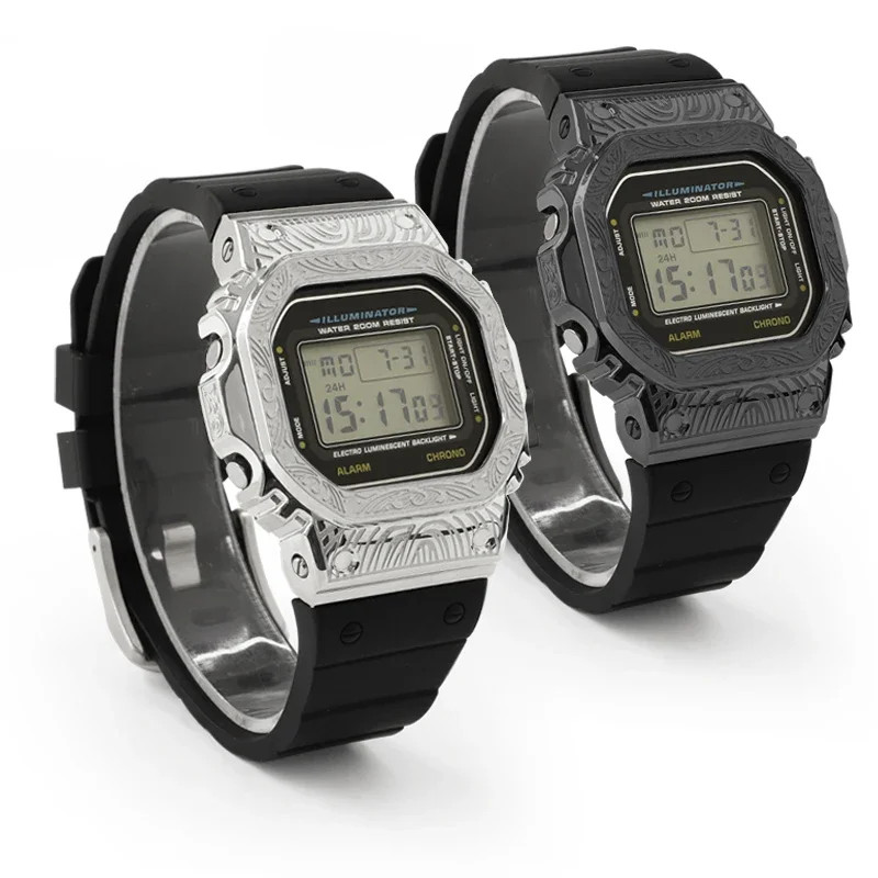 Фото DW5600 Mod Kit резная металлическая фотография для часов женская модель DW5700 GB5600 GW-B5600 водонепроницаемый стальной резиновый ремешок для замены браслета №2