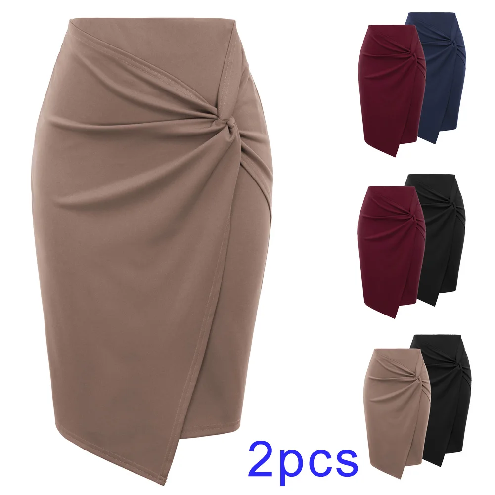 GK Women Asymmetrical Wrap Front Bodycon Skirt 2pcs-Pack Solid Color Slim Fit Knee-length Causal Office Lady Hip Wrap Skirt