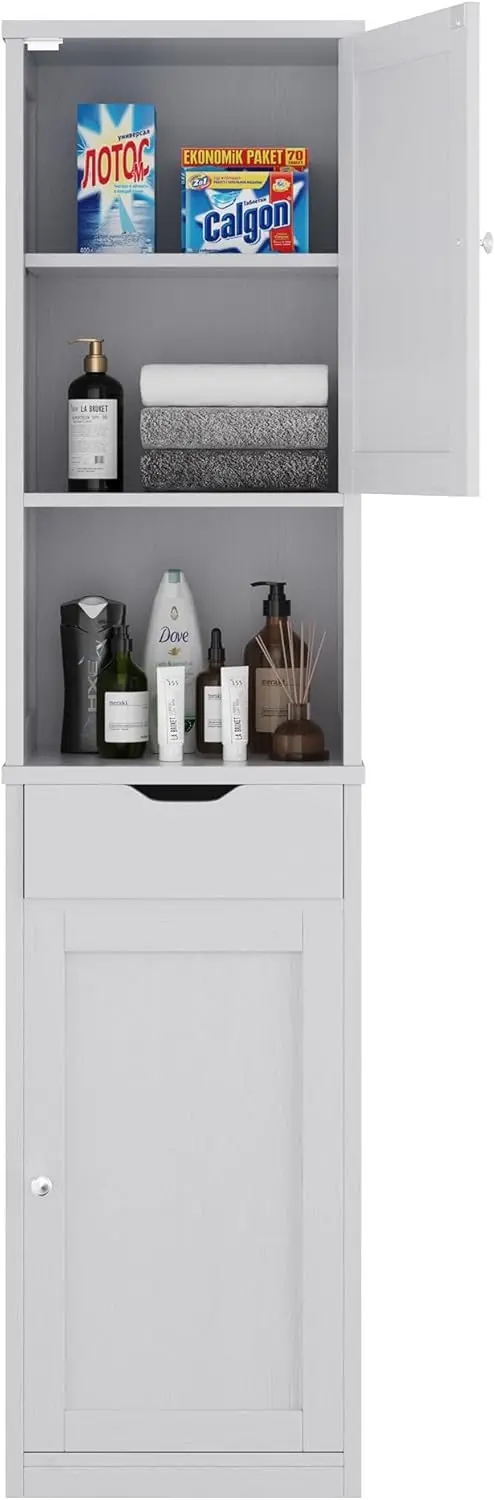 Tall Bathroom Storage Cabinet with Freestanding Adjustable Shelves, Narrow Storage Linen Cabinet with 2 Doors and 1 Drawers