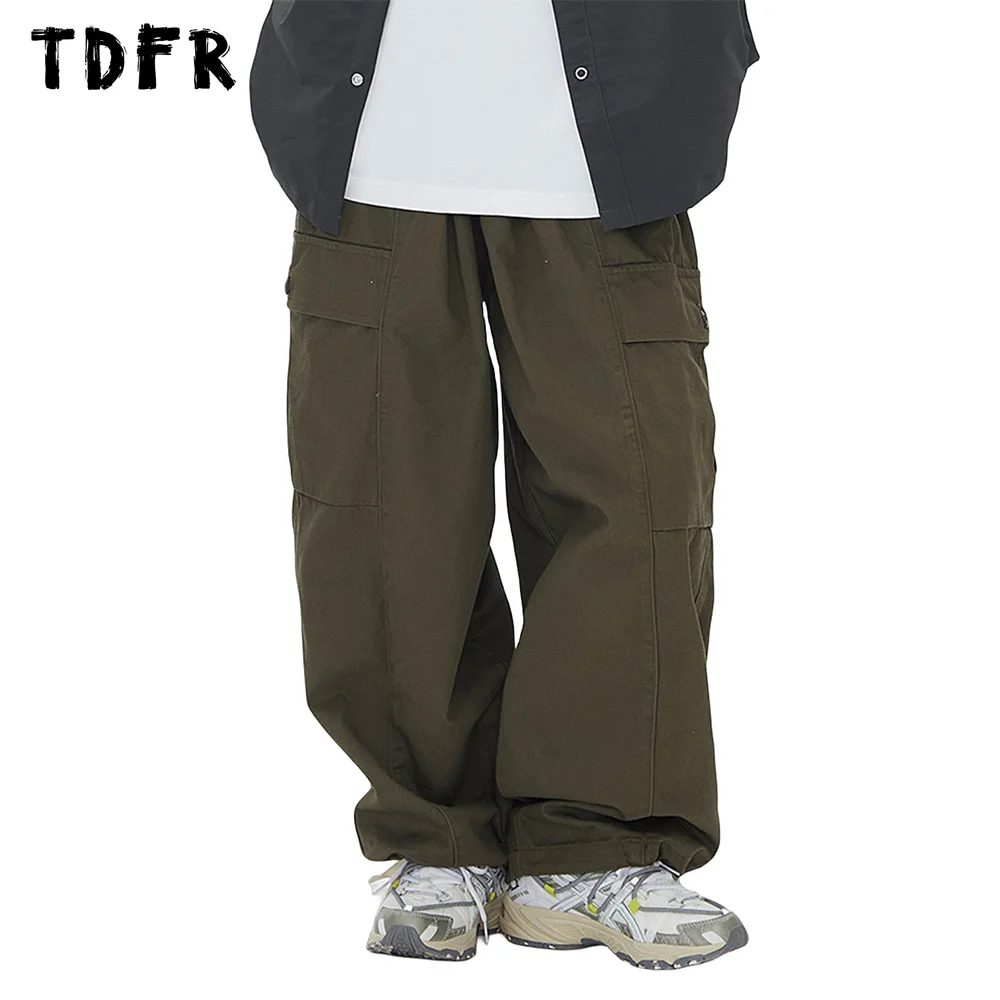 

Solid Color Jogger Pants Mens Pocket Solid Color Loose Retro Casual Drawstring Elastic Waist Wide Leg Trousers Men