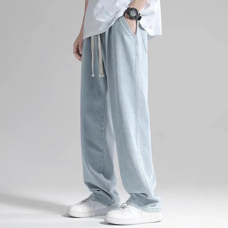 Straight Jeans Men\'s Elastic Waist Loose Denim Pants Cotton Summer Wide Leg Jeans Mens Summer Clothes Lightweight Baggy Jeans