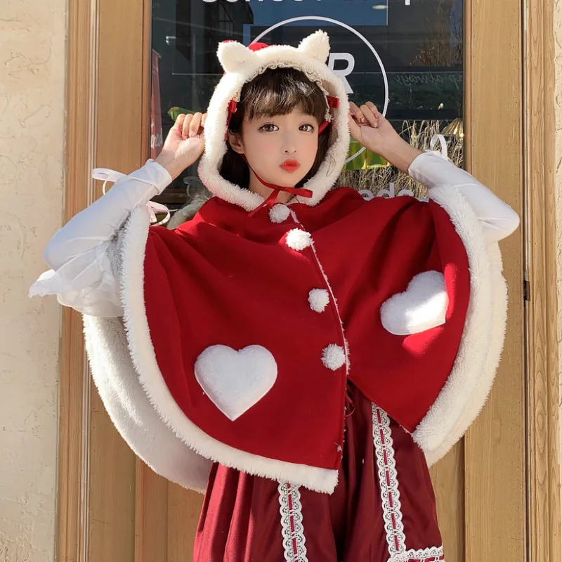 Lolita Cute Cat Ears Fleece-lined Hooded Cloak Coat 2024 Winter New Japanese Style Girl Warm Love Capes Woolen Coats for Women