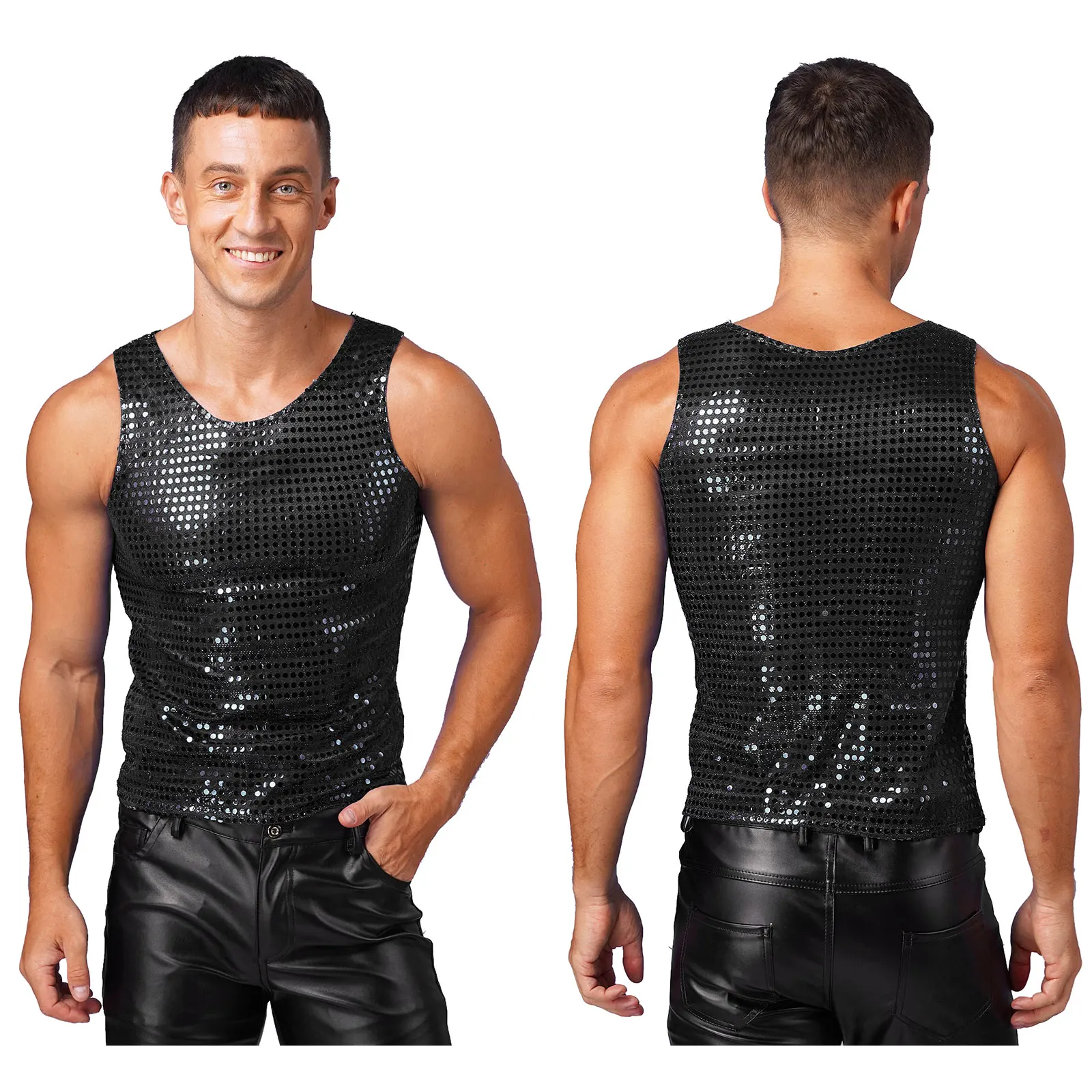 thumbnail image 1 of Camiseta de baile moderno de Jazz con lentejuelas brillantes para hombre, Tops con cuello redondo, camisetas de manga corta para actuaciones, disfraces para festivales y discotecas, 1 of 5