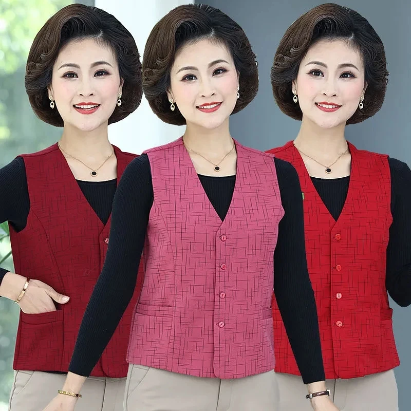 

Middle-Aged Elderly Women's Vest New Waistcoat Spring Autumn Thin Section Casual Commuter Double-Layer Mother Wear Short Fashion