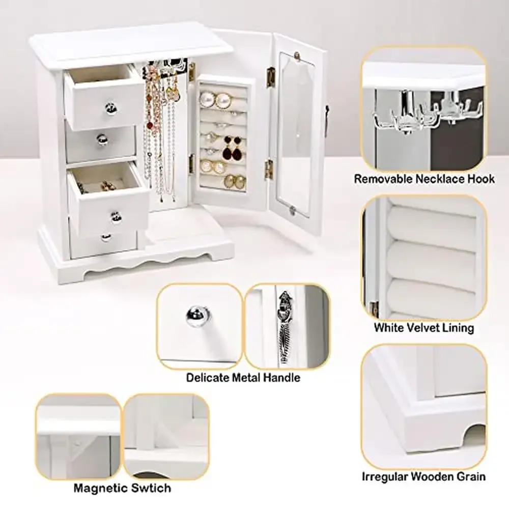 Solid Wood Jewelry Organizer Box with Mirror and Drawer Storage Elegant Butterfly Design Multi-functional Rings and Accessories 3