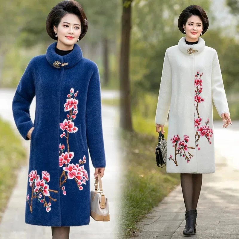 

Mom Winter Women Imitation Mink Velvet Embroidered Coat Long Middle-aged Cashmere Woolen Coat Thick Top Overcoat