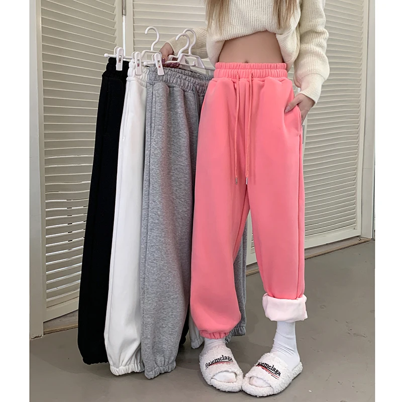 Winter Sweatpants with Fleece Casual Sporty Elastic Waist Harem Pant Fashion Warm Straight Baggy Trousers Women New