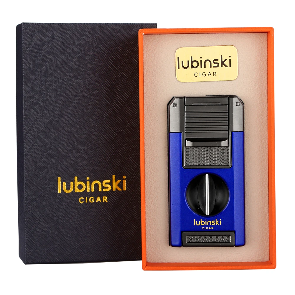 LUBINSKI 2 Torch Lighter Portable Metal V Cutter Cigar Lighter Butane Gas Jet Blue Flame Needles Punch Cigar Lighters