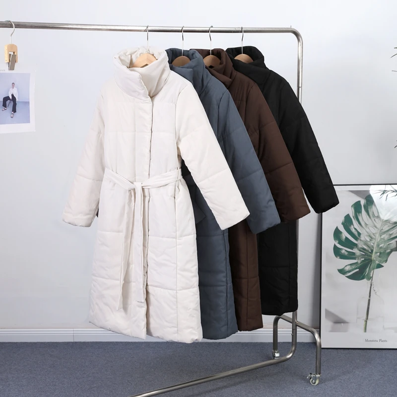 Frauen Solide Longline Puffer Mantel Schal Kragen Selbst-Krawatte Gürtel Volle Hülse Dünne Mantel 2025, Herbst Winter Weibliche Elegante outwear – Detail 2