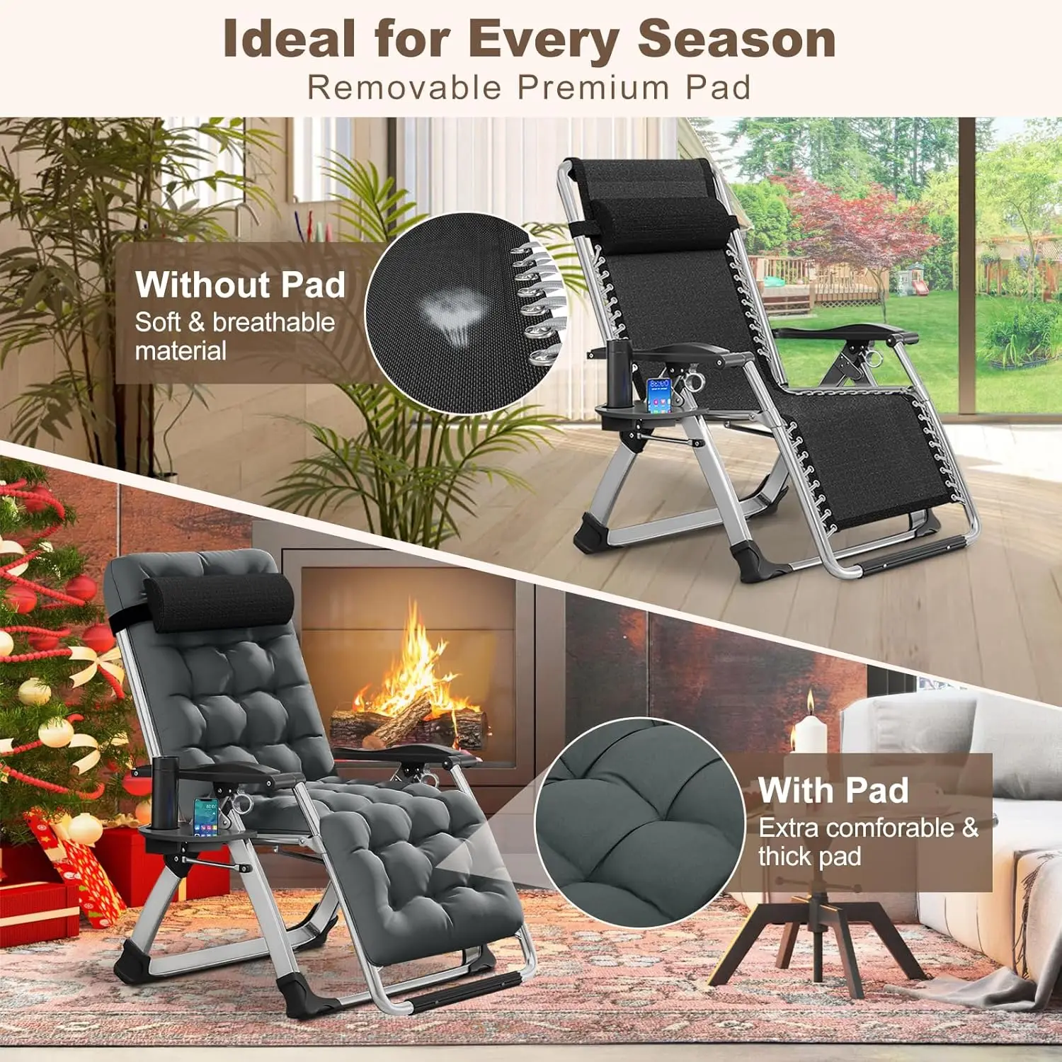 Comfy Chair, Folding Chair Recliner Chair for Bedroom and Living Room, Folding Reclining Patio Chairs Lounge with Removabl
