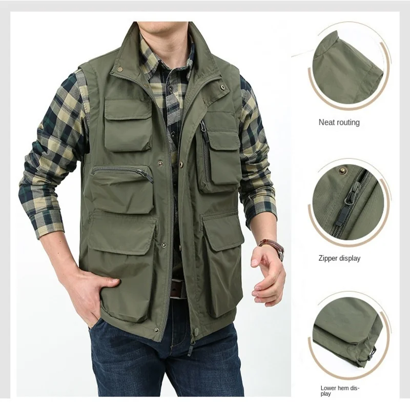 Work Vest Summer Sleeveless Men's Spring Tactical Military Motorcyclist Fishing Clothing Biker Jacket Multi-pocket Vests MAN Zip