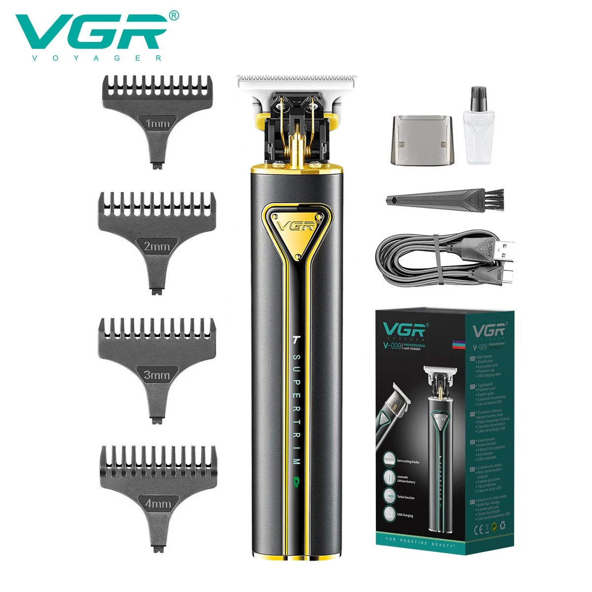 

VGR T9 Hair Clipper Professional Hair Cutting Machine Rechargeable Hair Trimmer Cordless Haircut Metal Clipper for Men V-009