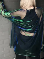 Solid See Through Tshirt Women Sexy Tops O-Neck Long Sleeve Oversized T Shirt For Women Clothing Club Y2k Aesthetic Egirl Tees - Image 2