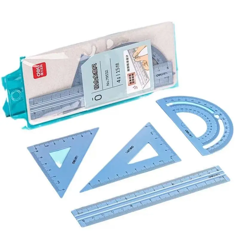 Aluminum Drafting Set 4 PCS Ruler Set for School Straight Ruler Triangular Protractor Stationery