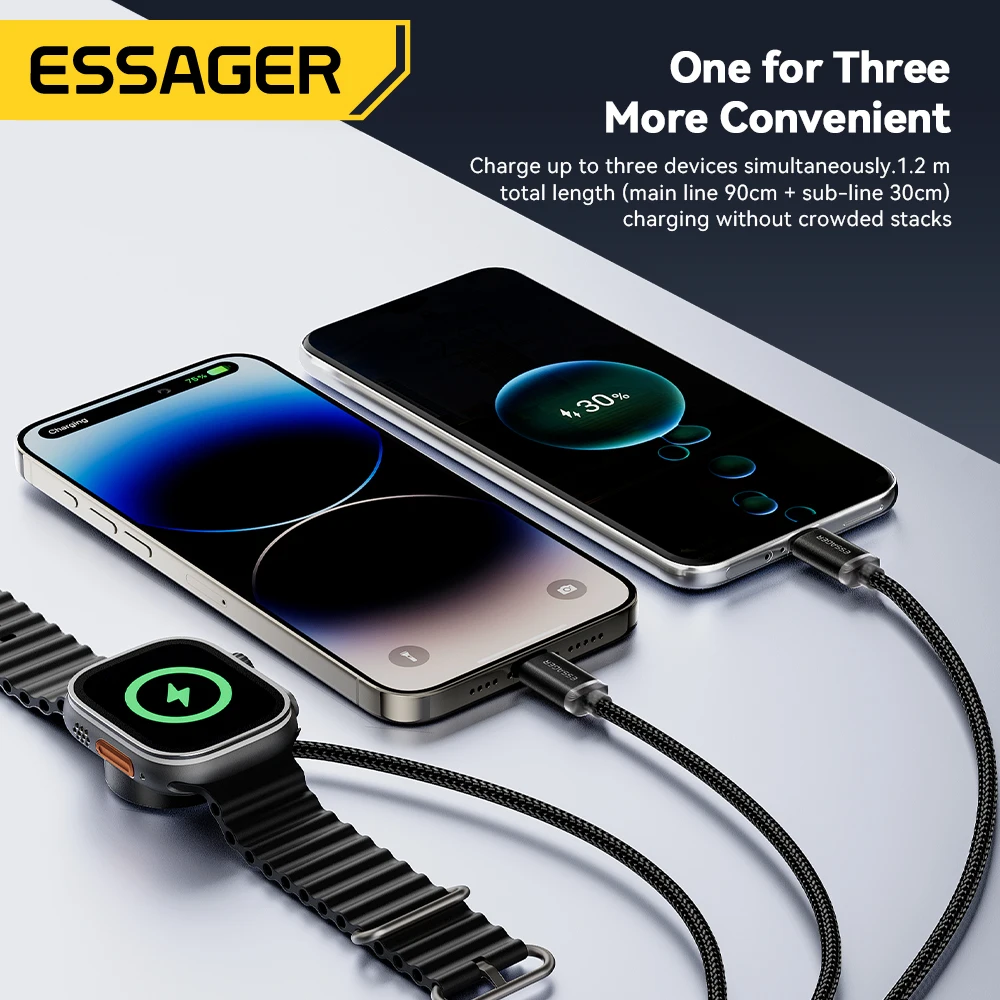 Essager 3 in 1 Multi USB A Charging Data Cable for iPhone 16 15 14 13 Pro Apple iWatch With USB Type C Lightning Charging Cable
