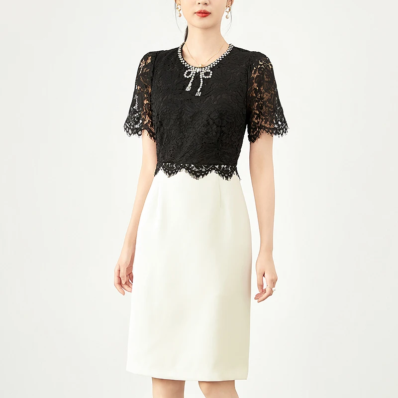 

Летние Элегантные платья для женщин, кружевное черное лоскутное Белое Женское платье со стразами и коротким рукавом, женское платье для офиса во французском стиле