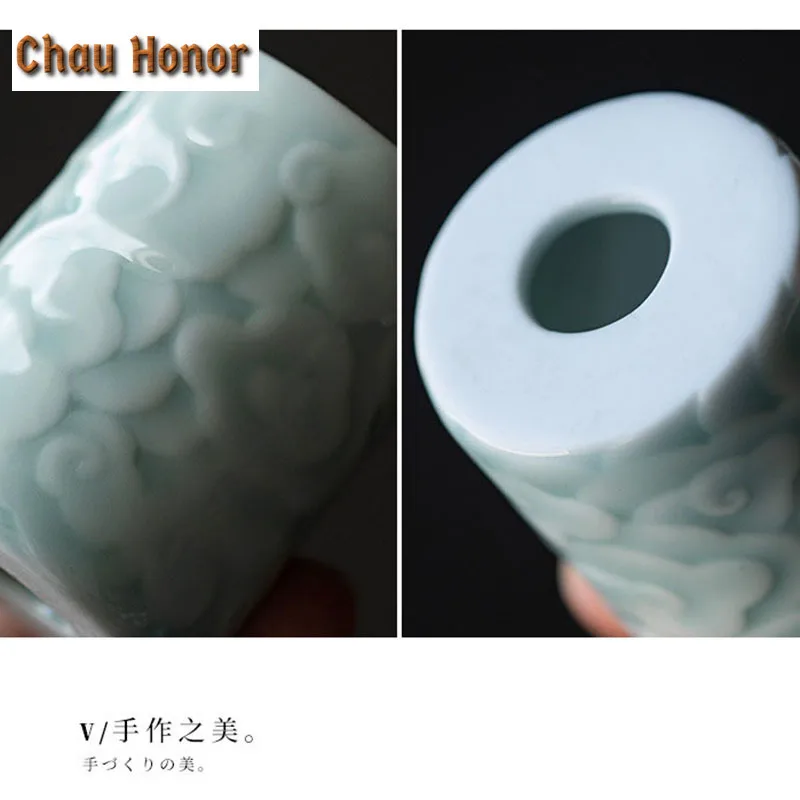 Imitation Song Hutian Kiln Shadow Celadon Glaze Relief Carving Auspicious Cloud Teapot Cover Holder Stand Ceramic Tea Ceremony