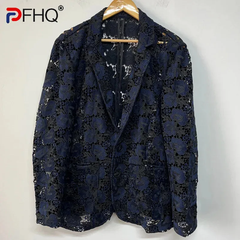 

PFHQ Men's Contrast Color Blazer Embroidery Hollowed Out Fashion Personalized Heavy Industry Single Breasted Coat Summer 21Z4546