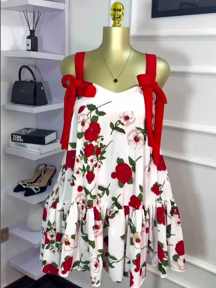 Wmstar Dresses Women Wholesale Floral Print Sleeveless Bow Bandage Mini Dress Stretch Sexy Streetwear Mini Dresses Dropshipping