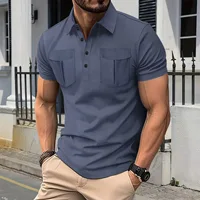 Men's Summer Fashion Polo Shirt 2025 Long Front Button Lapel Double Pockets Solid Color Casual Short-Sleeved Simple Design 2