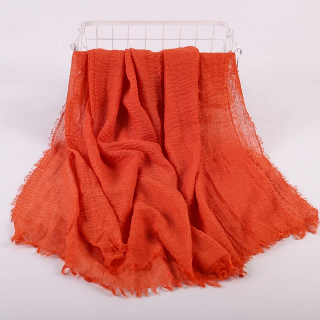 hijab Bandeau voile froissé en coton pour femme, écharpe longue de couleur unie