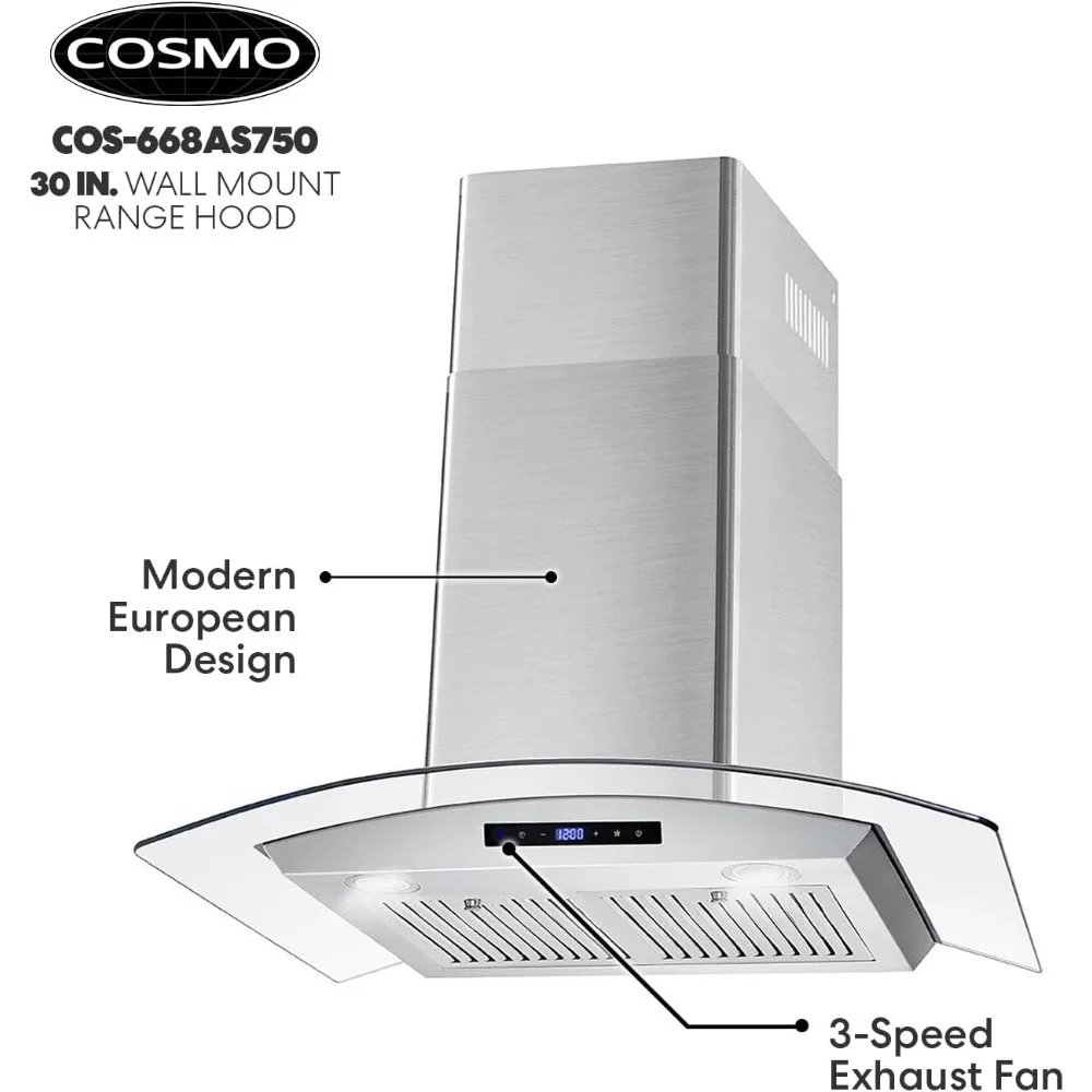 30 in. Wall Mount Range Hood with 380 CFM, Curved Glass, Ducted Convertible Ductless (additional filters needed, not included) 6