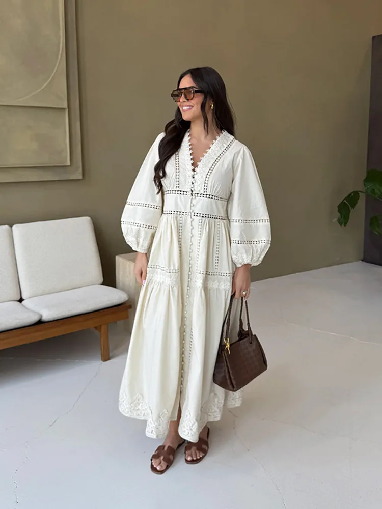 Hollow Out Lace Women Dress V-Neck Lantern Long Sleeved Slimming Waist  Cinching Robes Solid Elegant Holiday Beach Long Dresses - AliExpress  200000345