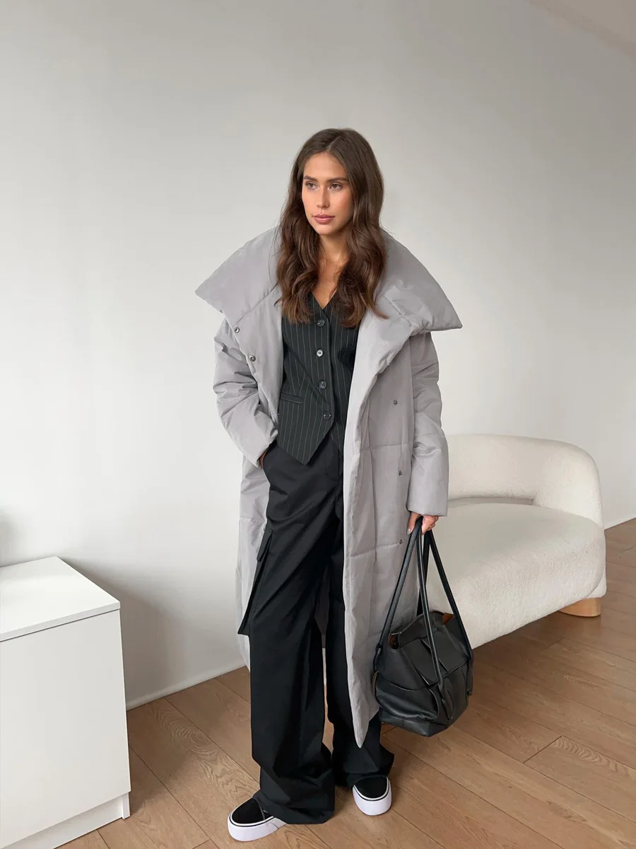 Winter Female Parkas Outwear Loose Lace-Up High Waist Long Sleeve Pocket Lapel Bandage Coat For Women Solid Parkas
