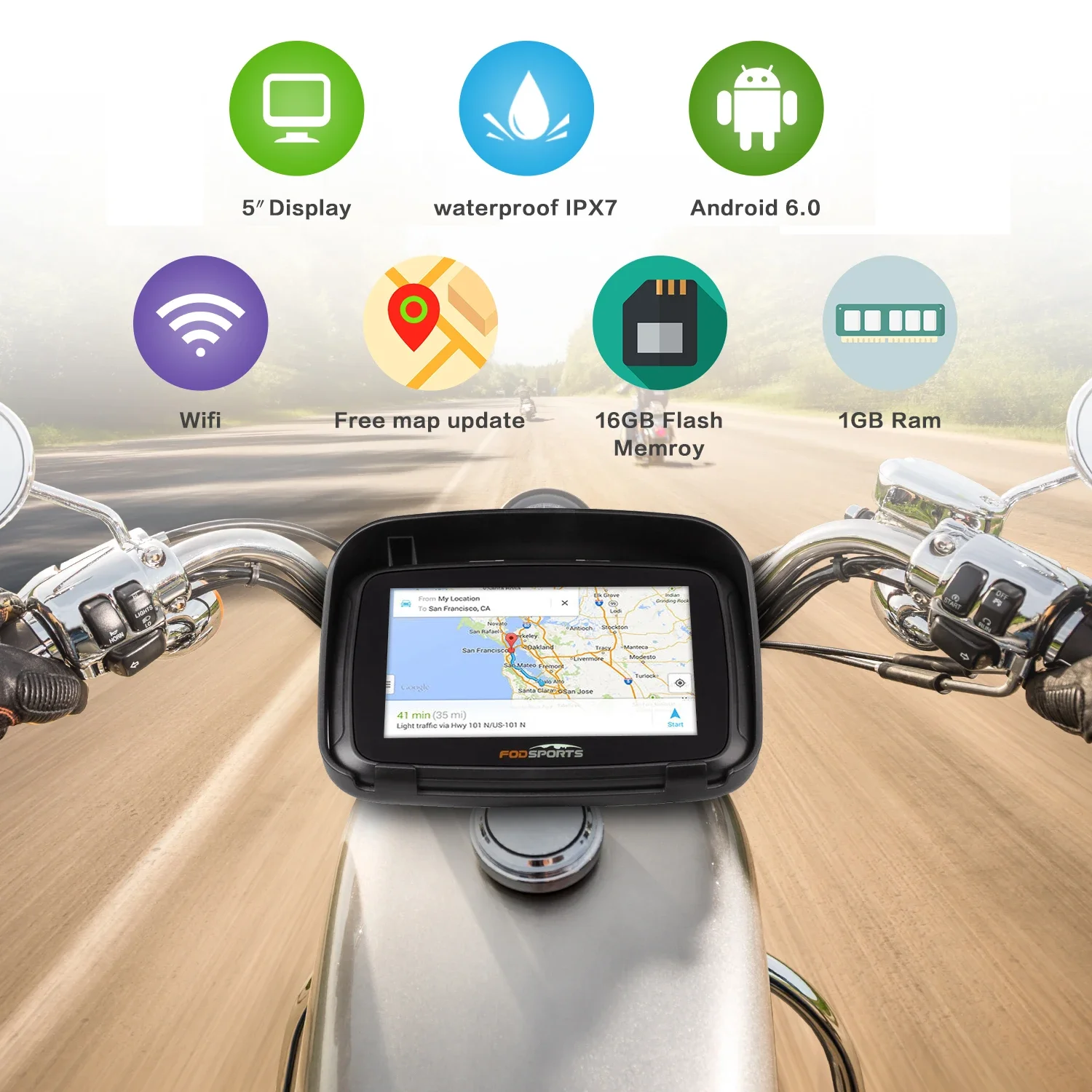 Motorcycle GPS Navigation Android 6.0 Wifi Waterproof Bluetooth GPS Navigator 5 inch RAM 1G ROM 16G
