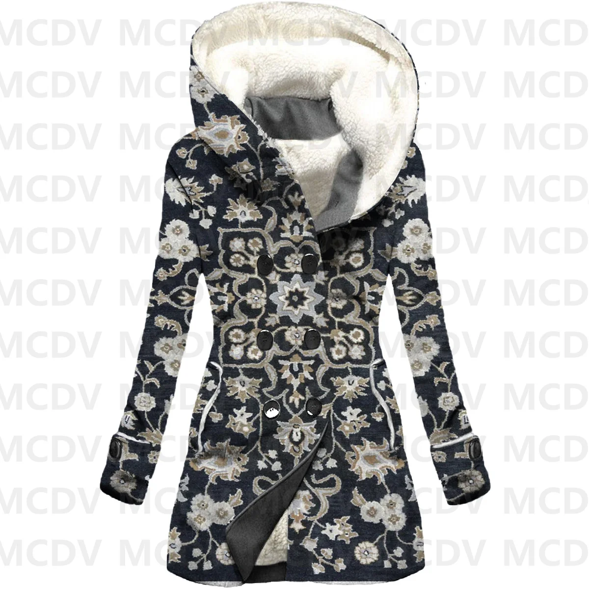 Retro Pattern Print Fleece Hooded Cloak Women Thick Warm Coat Women's Winter Warm Overcoat Casual Clothes
