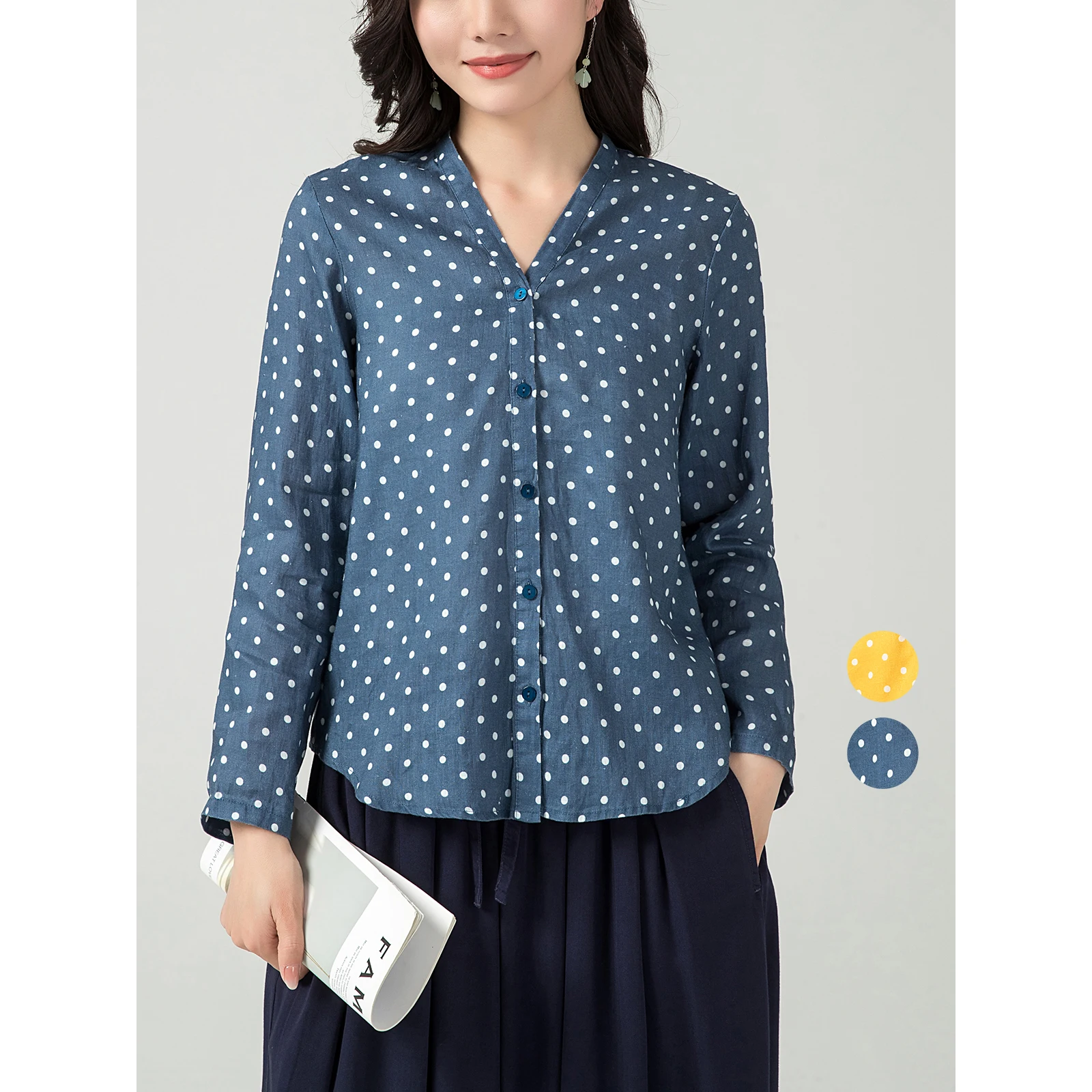 

Блузка женская льняная в горошек, универсальная Свободная рубашка с V-образным вырезом, удобная блузка из натуральной промытой воды, 17 х21, весна-осень