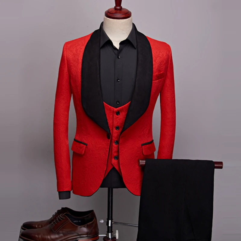 

3 Pcs Set Suit Jacket Vest Pants / Men Casual Boutique Wedding Dark Pattern Big Black Collar Blazers Coat Trousers Waistcoat